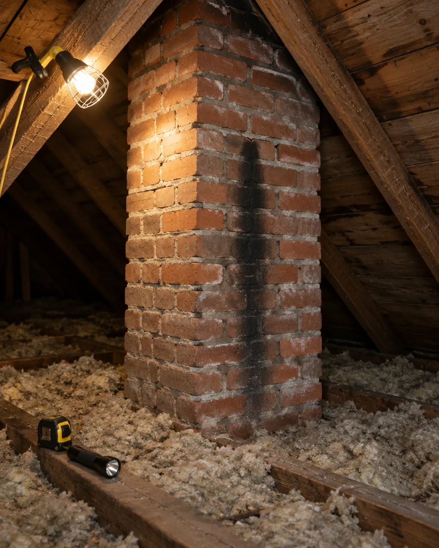 Brick chimney passing through an attic, lit by a work light, with a soot stain below a cracked joint