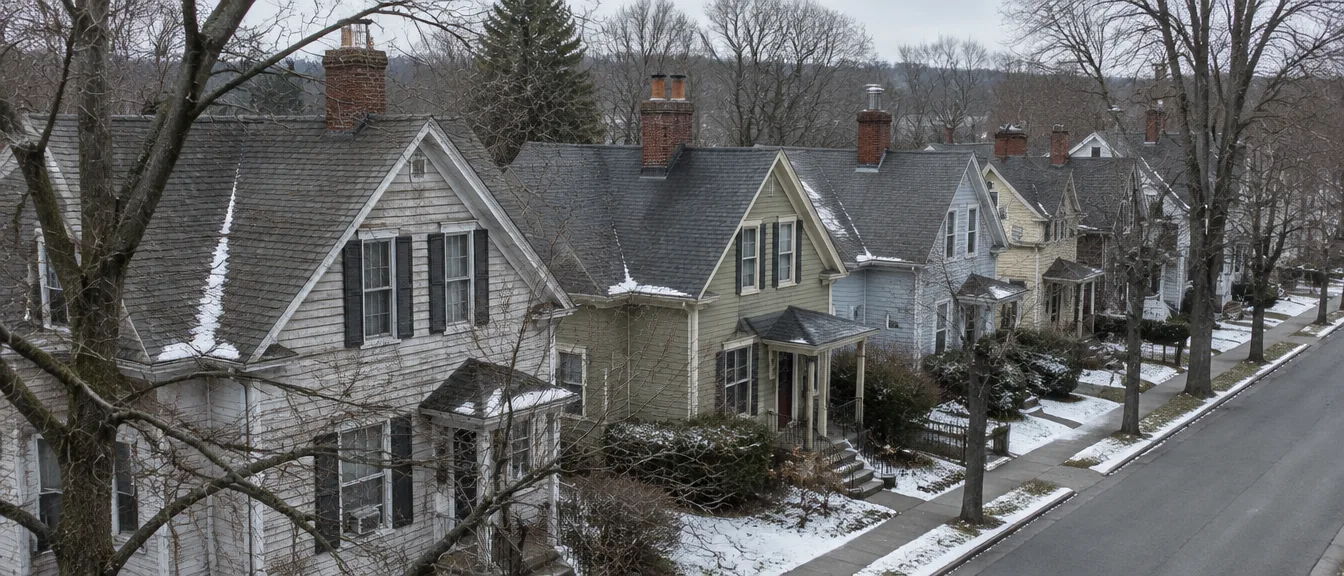 Brick chimneys and rooftops of older homes on a tree-lined street in winter light