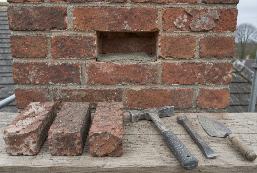 Brick cut out of a chimney face with replacement bricks, a hammer and a chisel ready