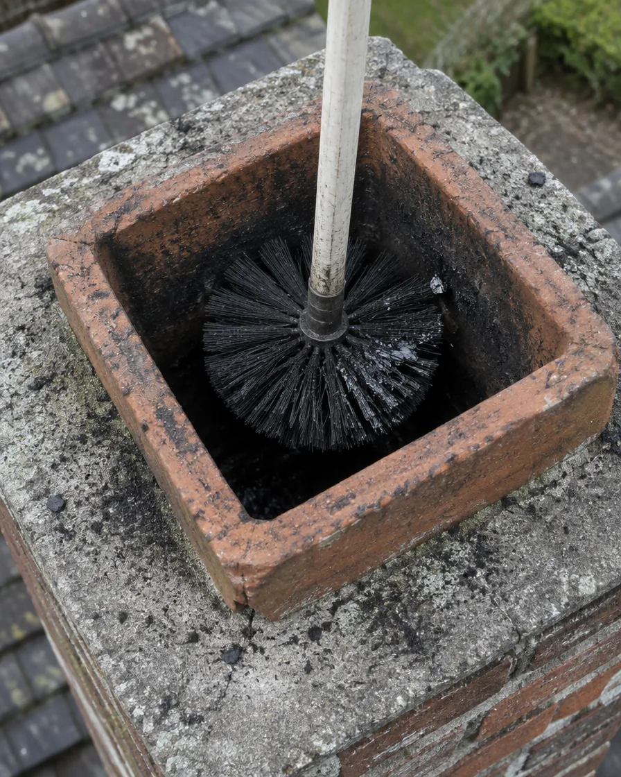 Chimney brush on rods being worked down a clay tile flue from the roof