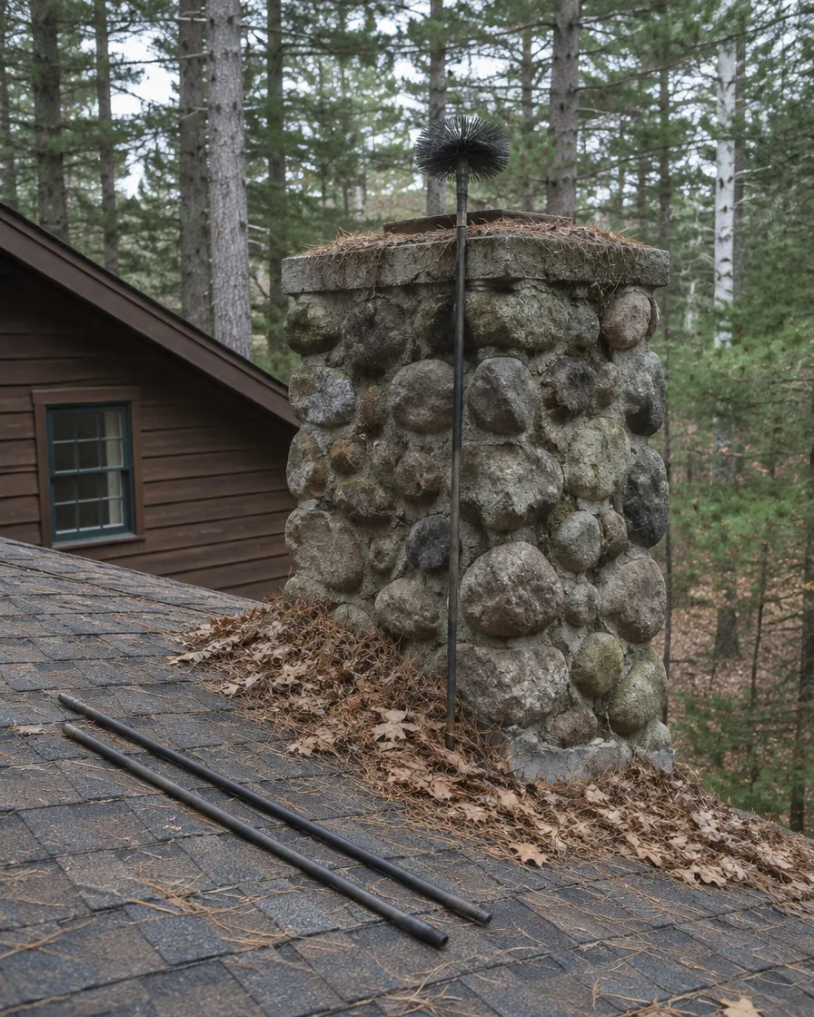 Chimney brush and rods at the stone chimney of a small wood-sided cottage under pines