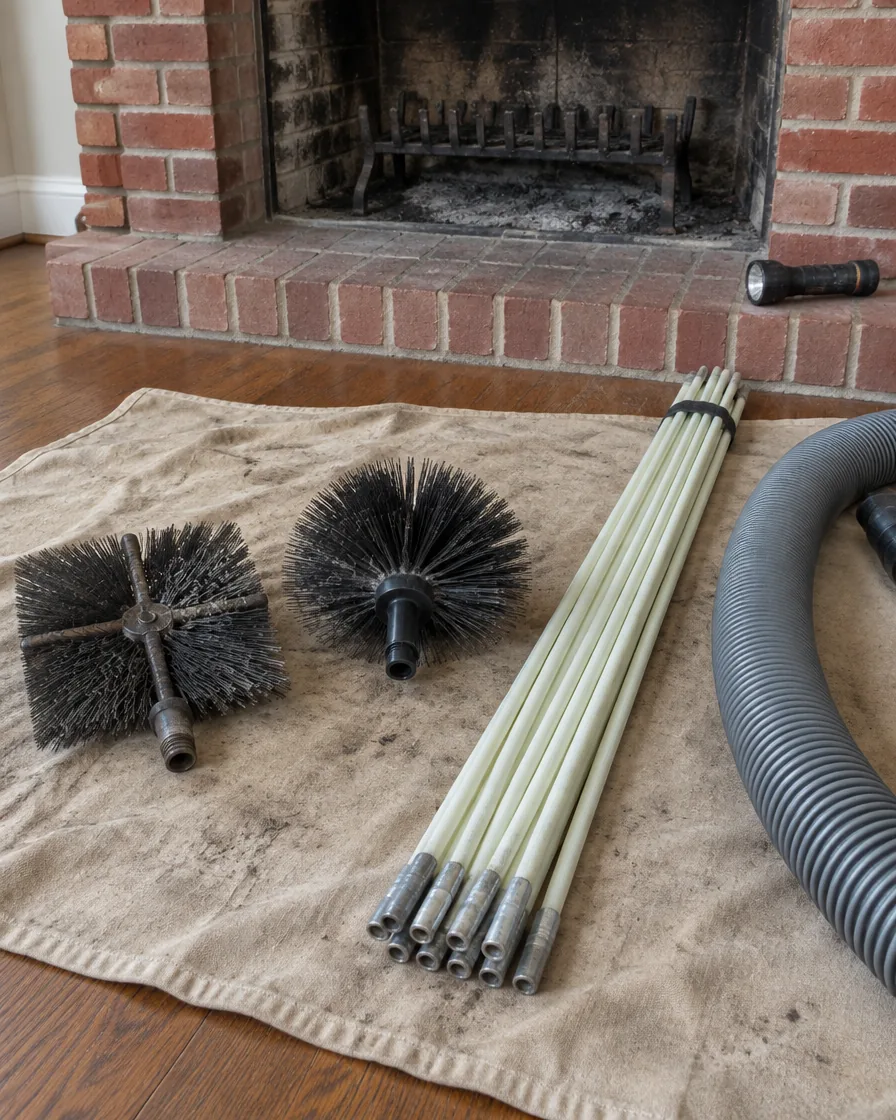 Chimney brushes, rods and a vacuum hose laid out on a drop cloth beside a brick hearth