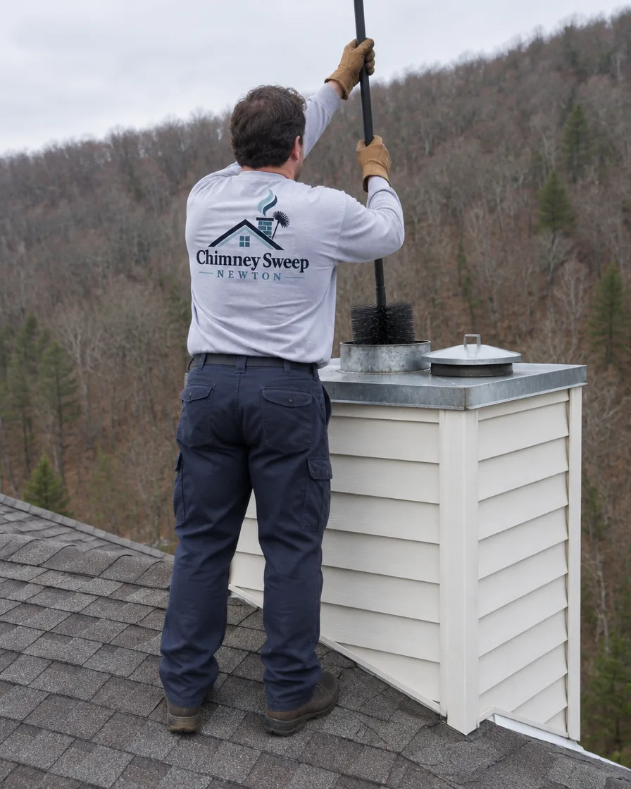Chimney sweep brushing the metal flue of a sided chimney chase