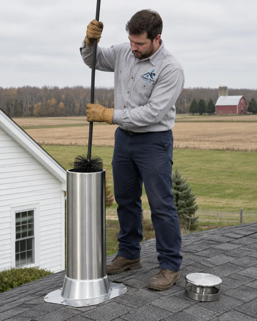 Chimney sweep brushing a stainless stove chimney on a white farmhouse