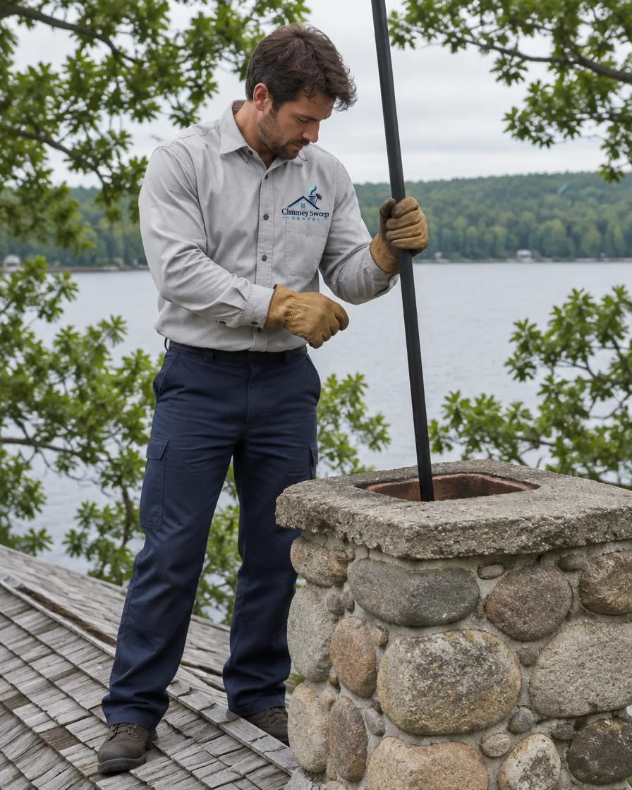 Chimney sweep at a fieldstone chimney on a small lakeside cottage