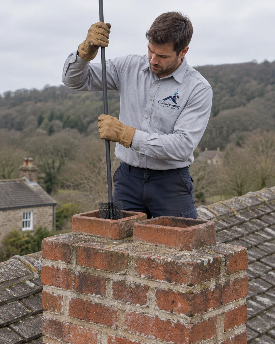 Chimney sweep lowering a brush into a two-flue brick chimney on a nineteenth-century house