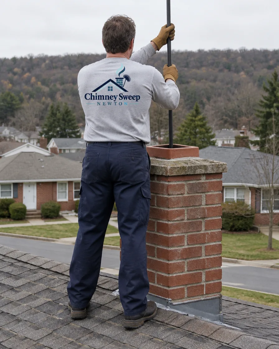 Chimney sweep at a red brick chimney on a mid-century house