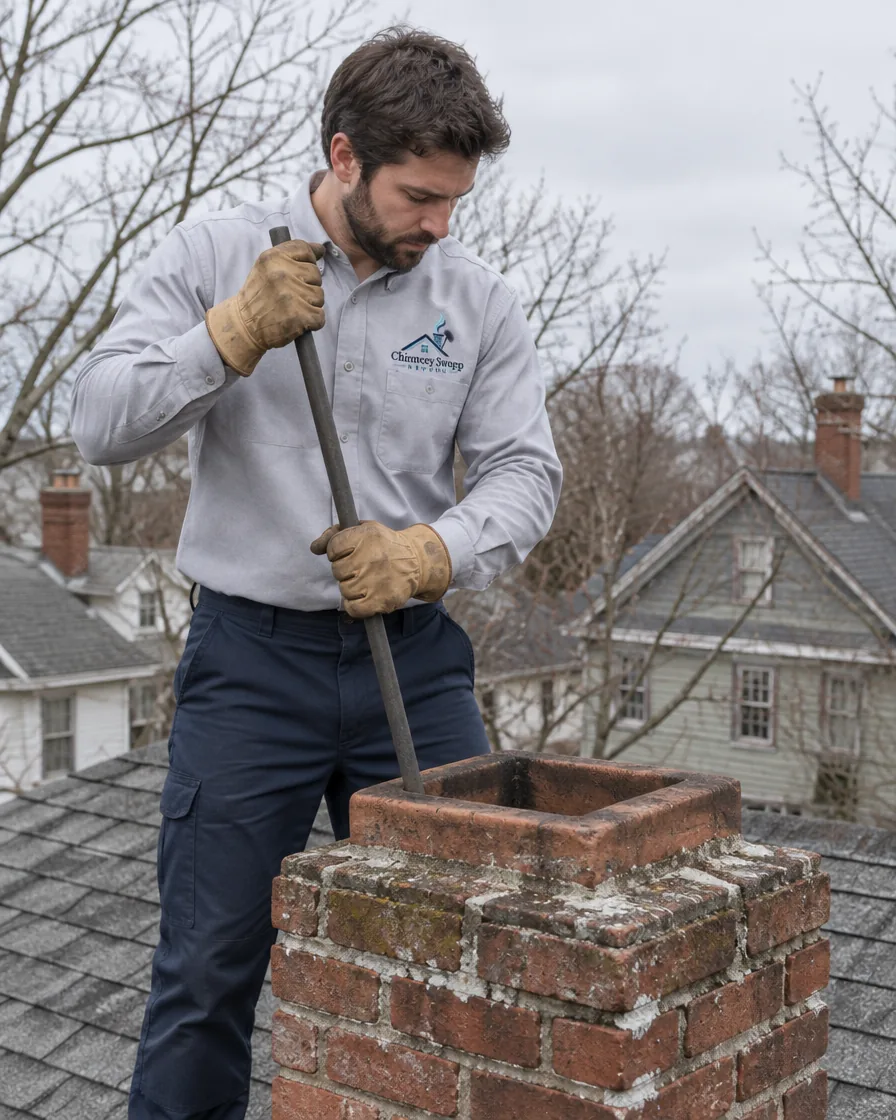 Chimney sweep standing on a roof feeding a rod and brush down a brick chimney