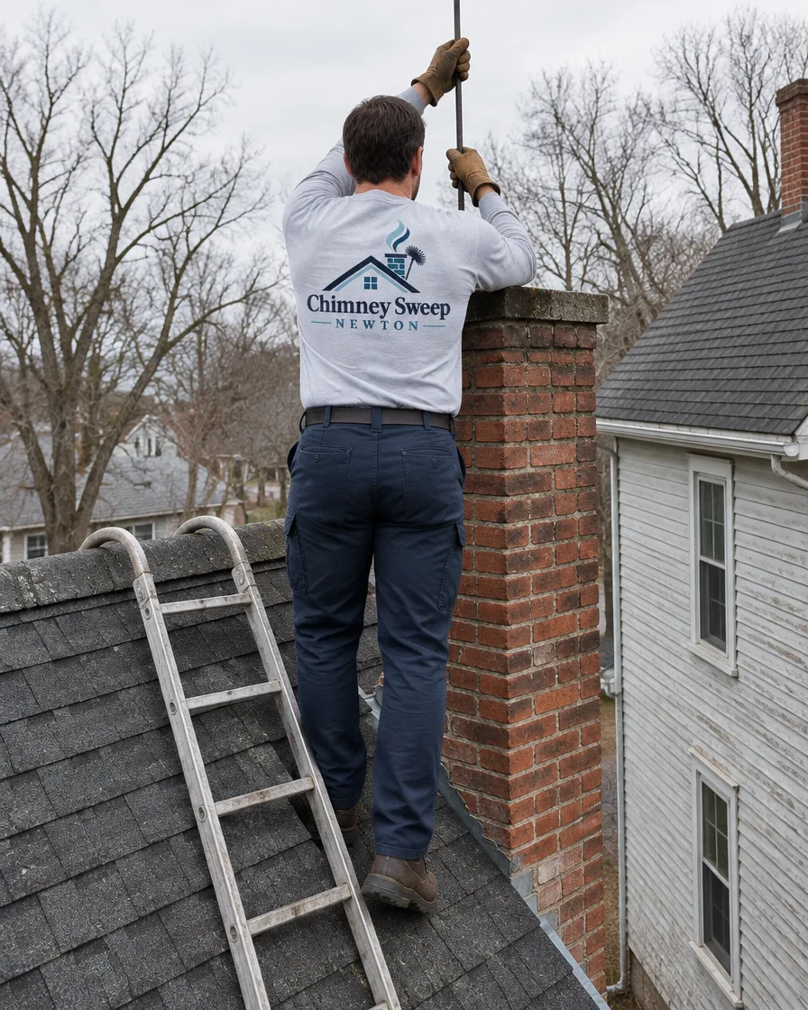 Chimney sweep standing at a tall brick chimney on an older two-storey village house