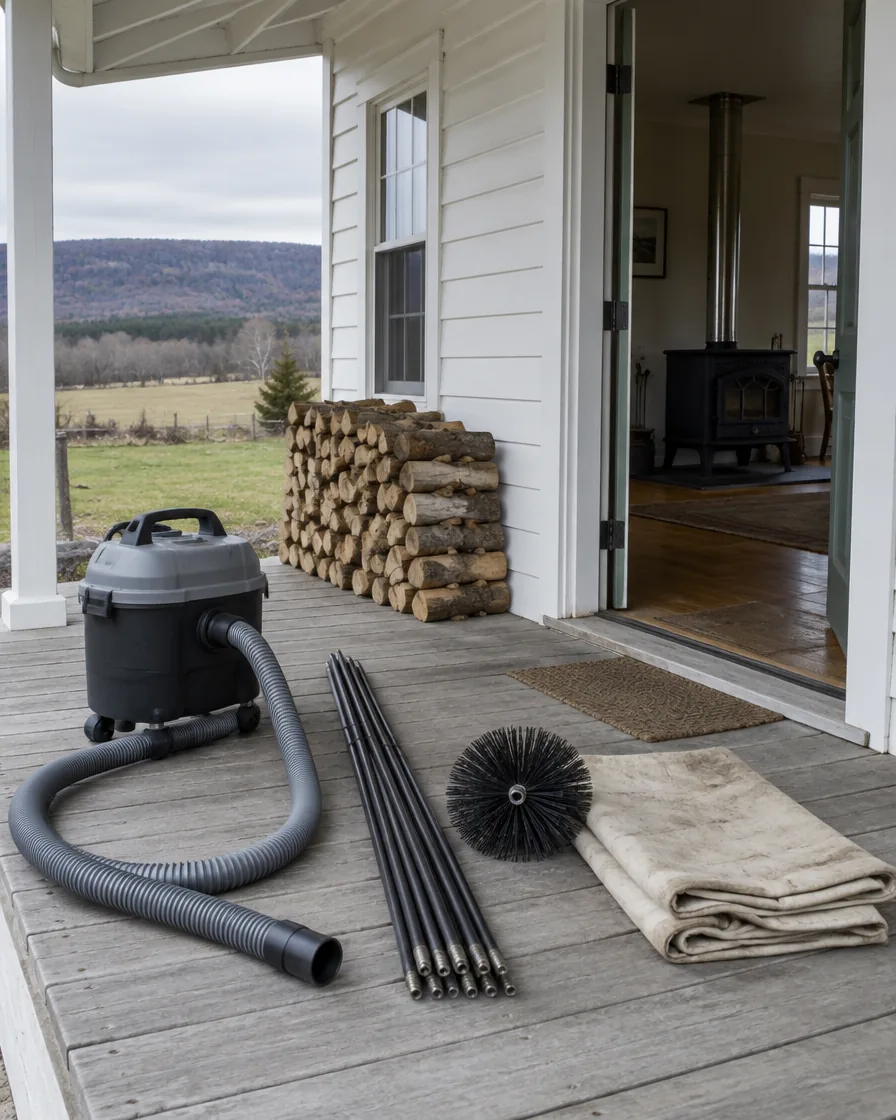 Chimney sweeping tools set out on the porch of a white farmhouse