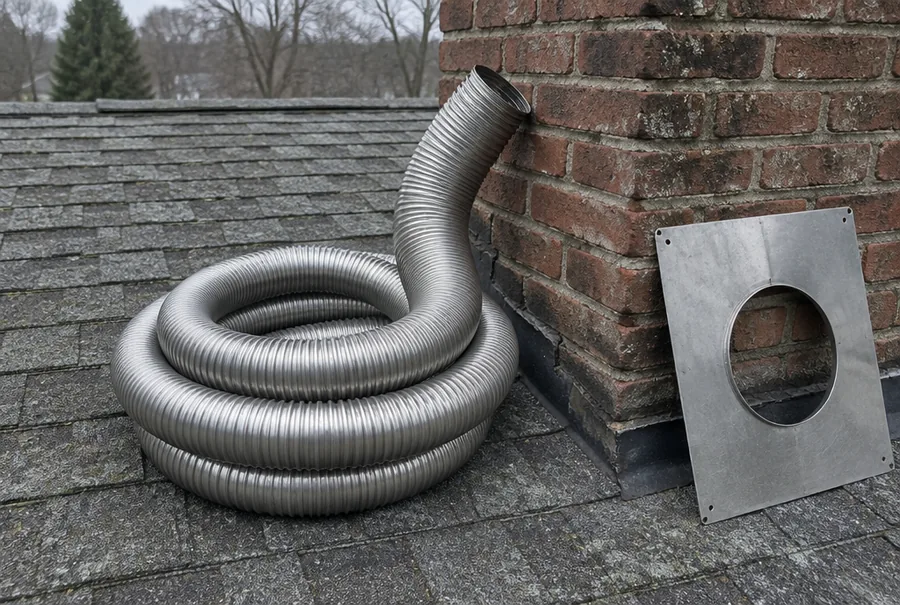 Coil of stainless steel chimney liner on a roof beside a brick chimney