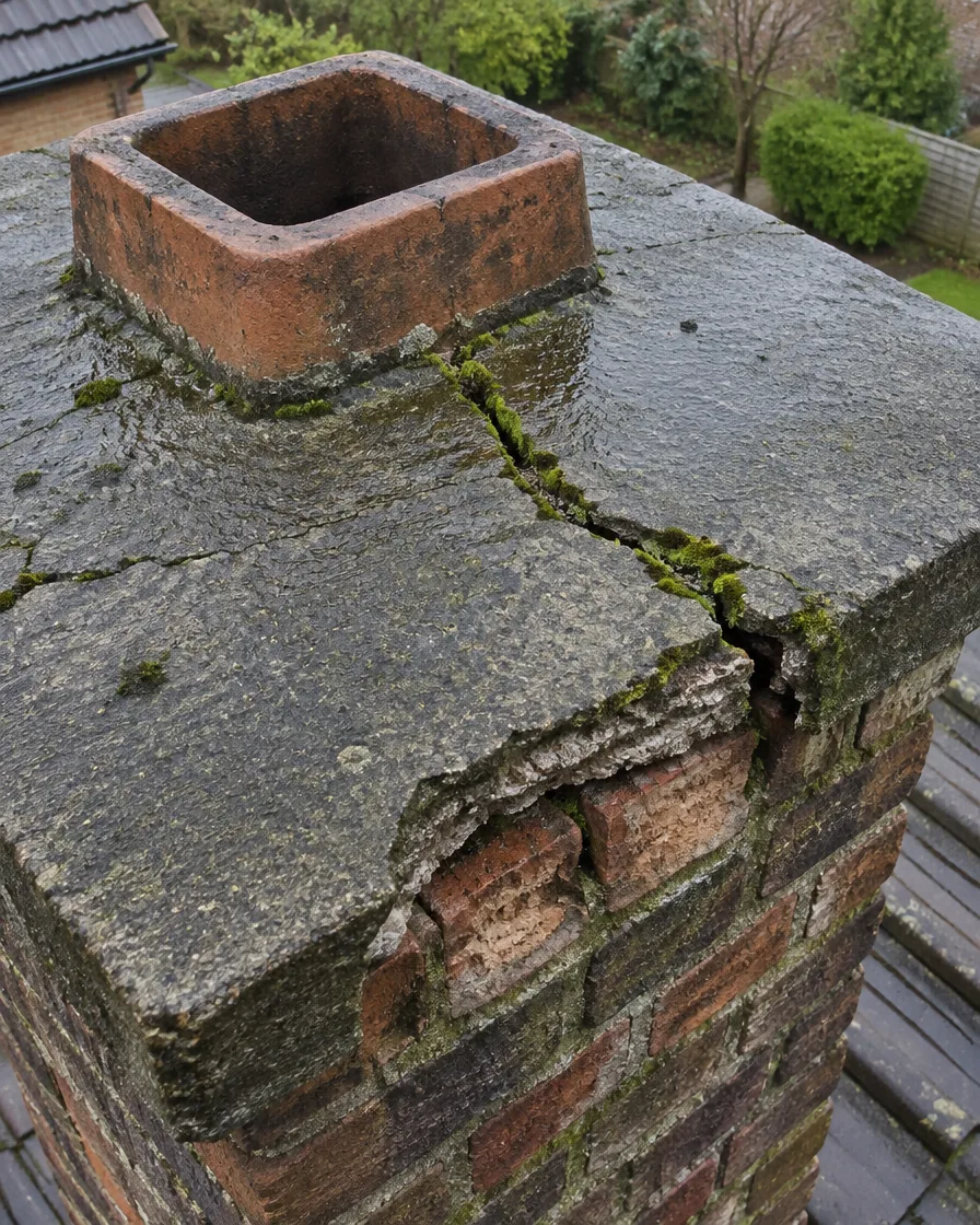 Cracked concrete chimney crown above spalled brick