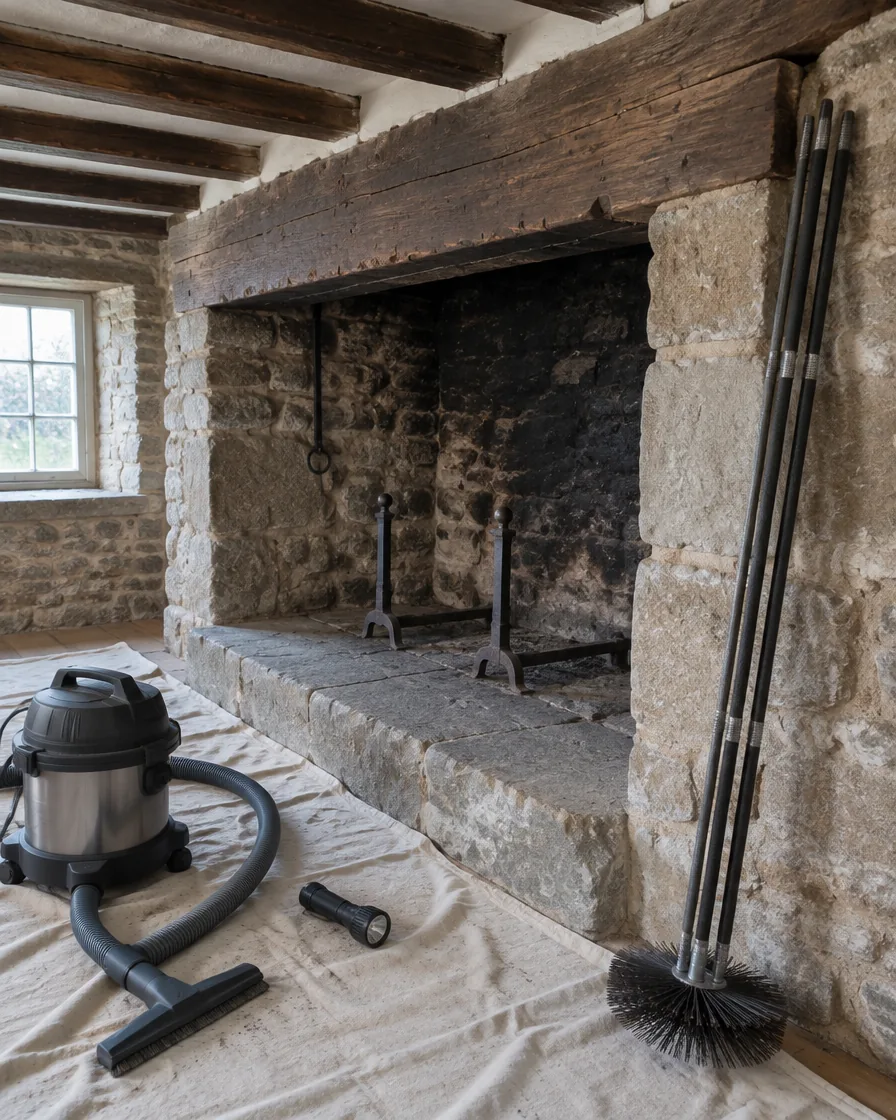 Drop cloth, rods and vacuum set up at the wide stone hearth of an old farmhouse