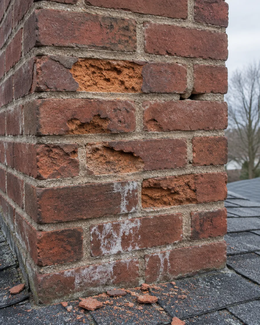 Flaking brick faces and worn mortar joints on an old chimney