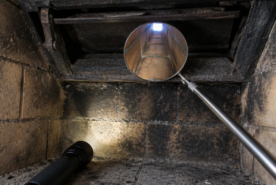 Inspection mirror reflecting the inside of a chimney flue above a firebox
