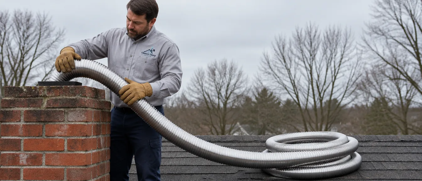 Installer lowering a stainless steel liner into a brick chimney