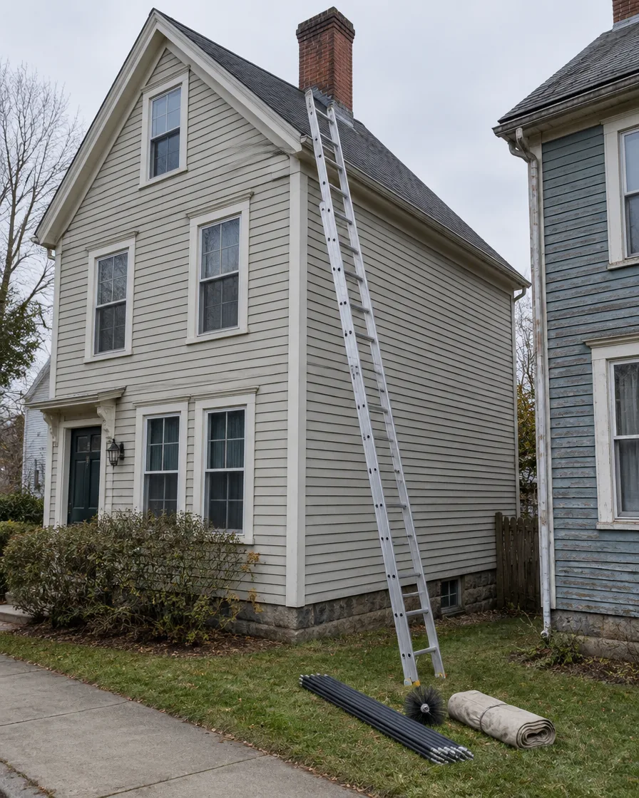 Ladder and chimney rods at a tall, narrow village house with a brick chimney