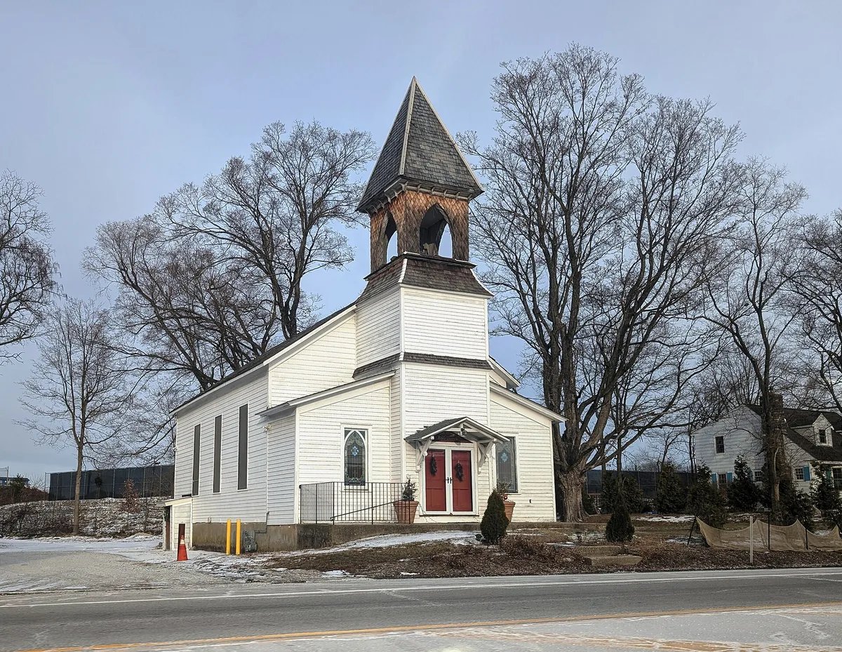 Former white clapboard church beside Routes 15 and 94 in Lafayette village, New Jersey