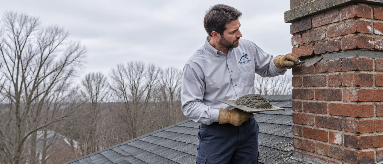 Mason repointing the mortar joints of a red-brick chimney
