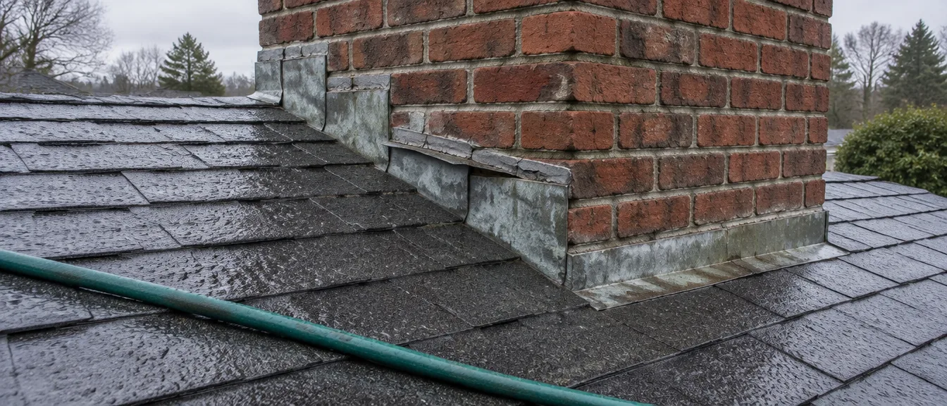 Metal flashing at the base of a brick chimney on a wet shingle roof