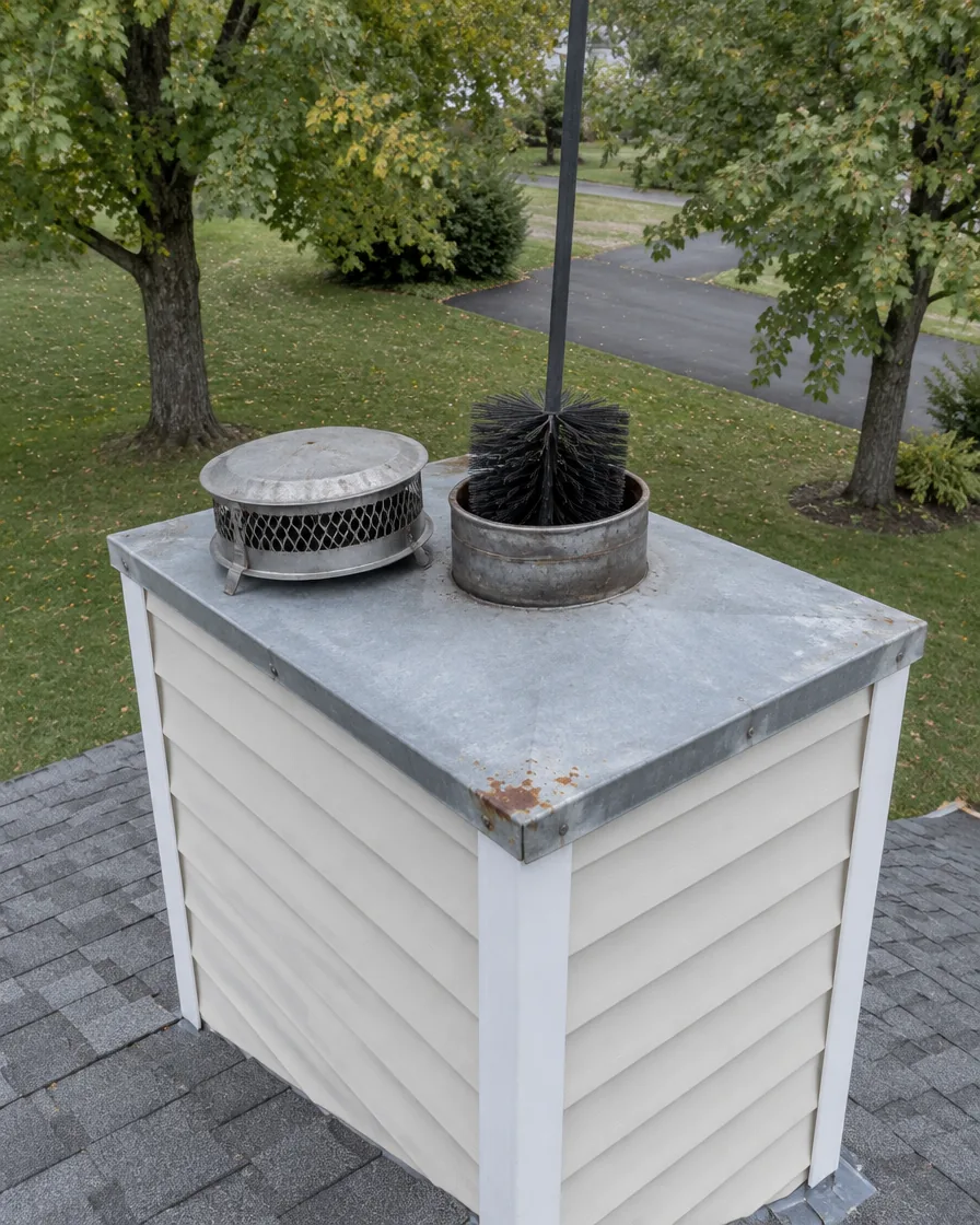 Poly chimney brush in the metal flue of a sided chimney chase on a colonial house