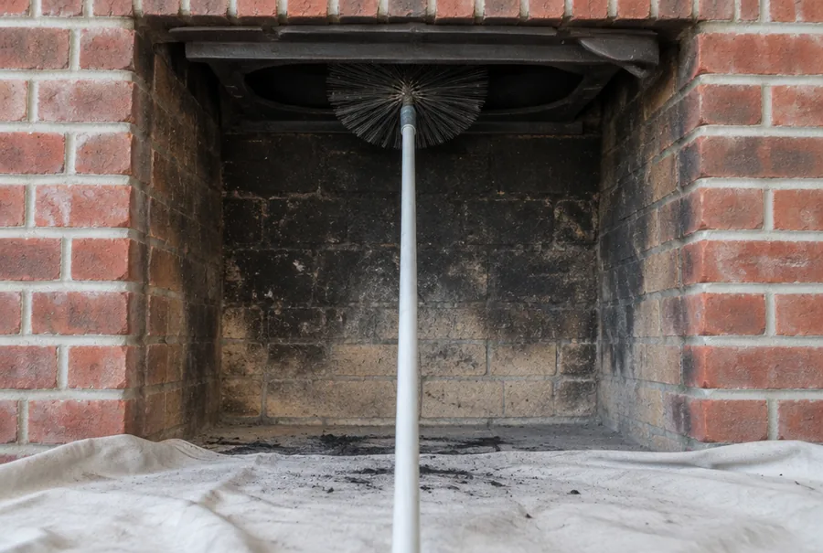 Round wire chimney brush on a rod at the mouth of a sooty fireplace flue