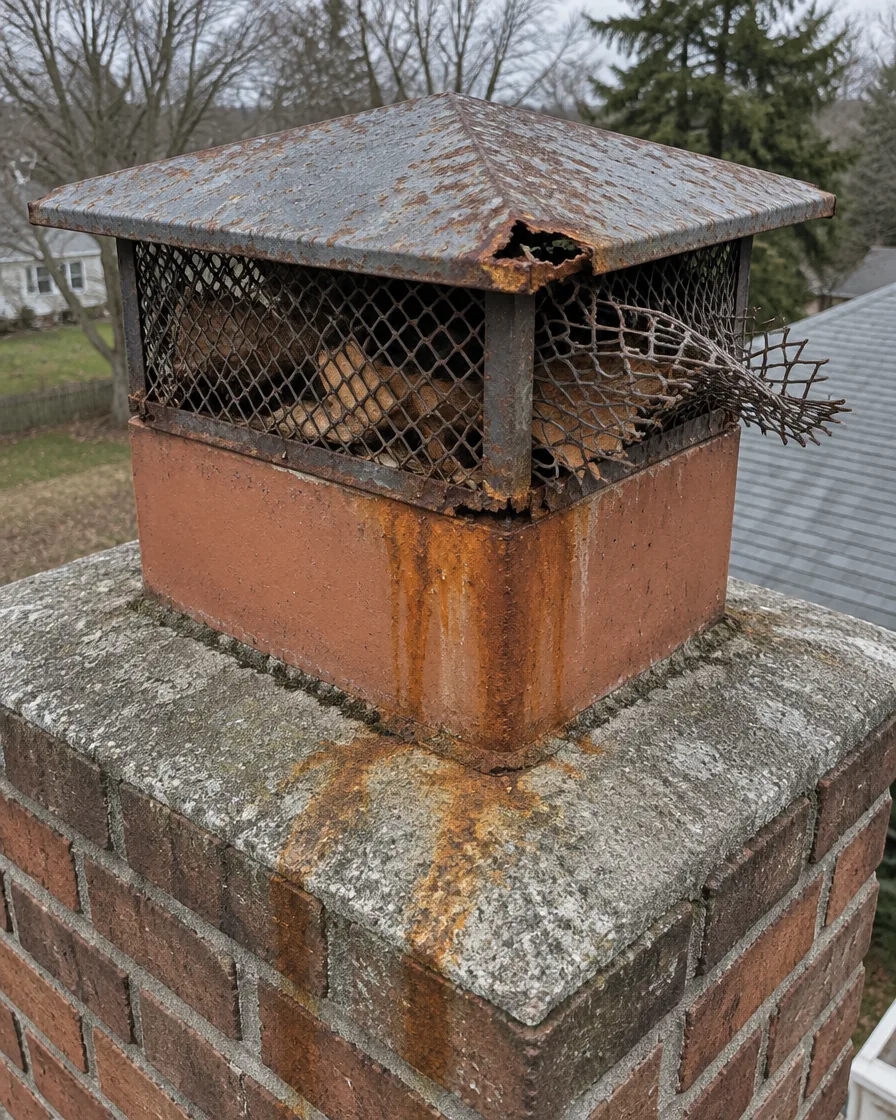 Rusted chimney cap with torn mesh on a clay flue tile