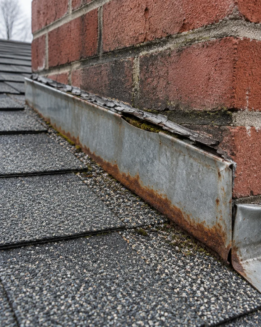 Rusted and lifted flashing at the base of a brick chimney