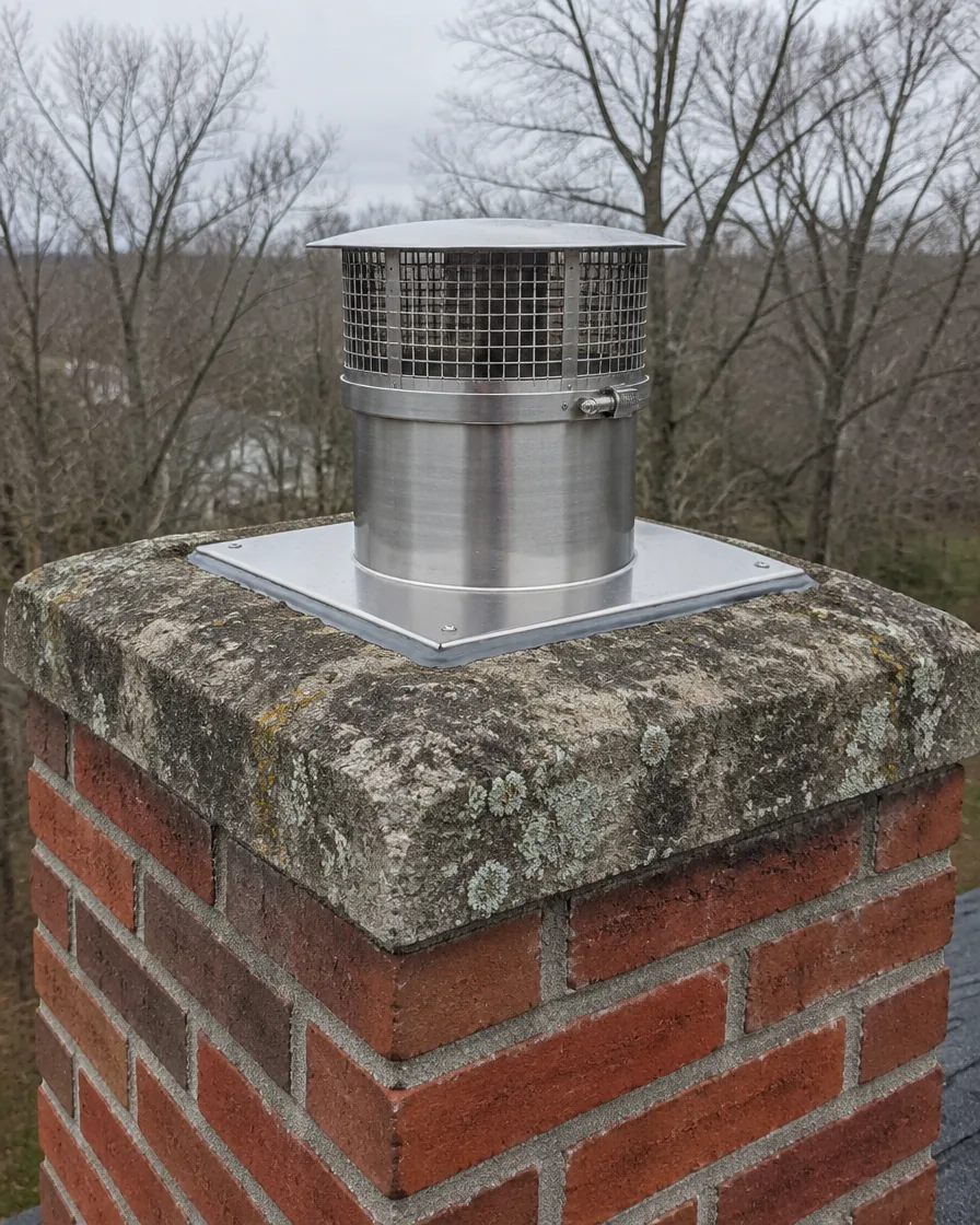Stainless steel rain cap fitted over a liner collar on a chimney top plate