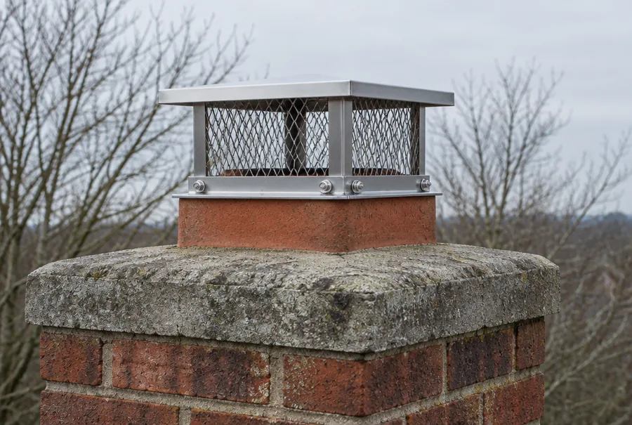 Stainless steel chimney cap fitted on a clay flue tile