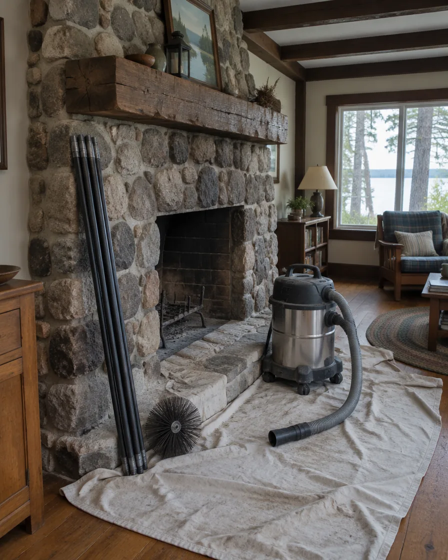 Sweeping equipment set up at the stone fireplace of a rustic lake-style house