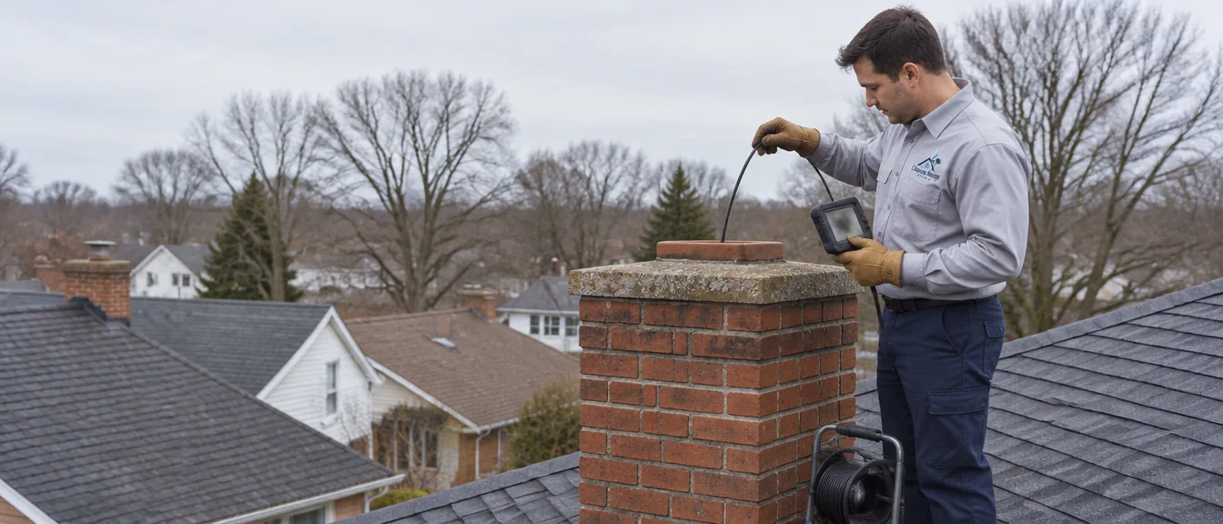 Technician lowering an inspection camera into a chimney flue from the roof