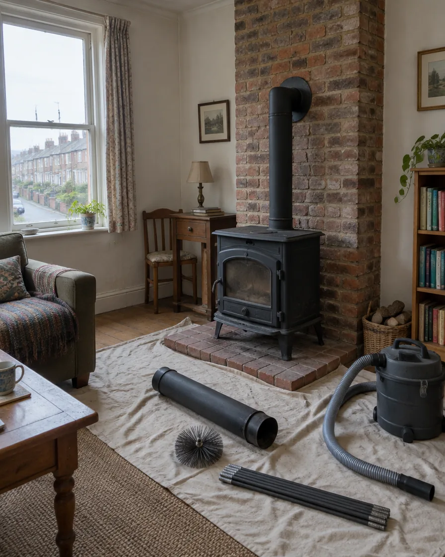Wood stove with its pipe taken down and sweeping tools on a drop cloth in an older house