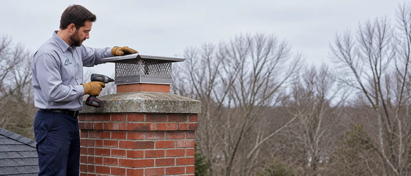Worker fastening a stainless steel cap onto a clay chimney flue